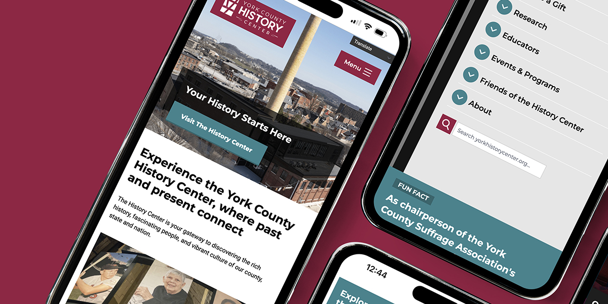 Mobile screens with various pages of the York County History Center website