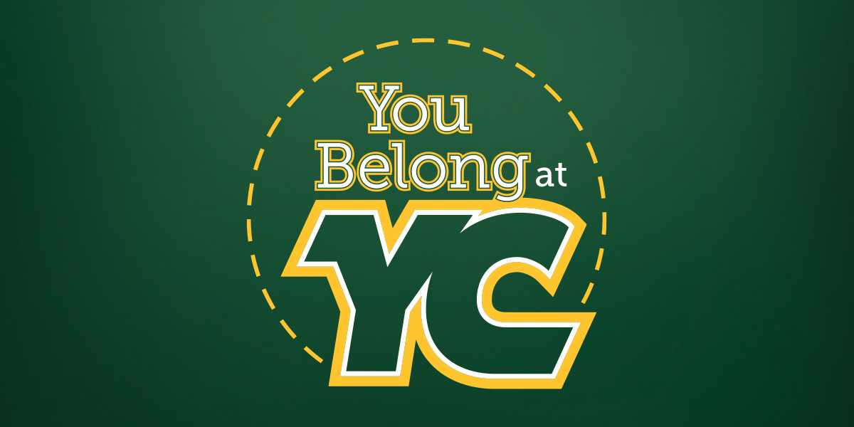 Text graphic on a green background that says "You Belong at YC" with a circular dashed border, emphasizing community at YC.